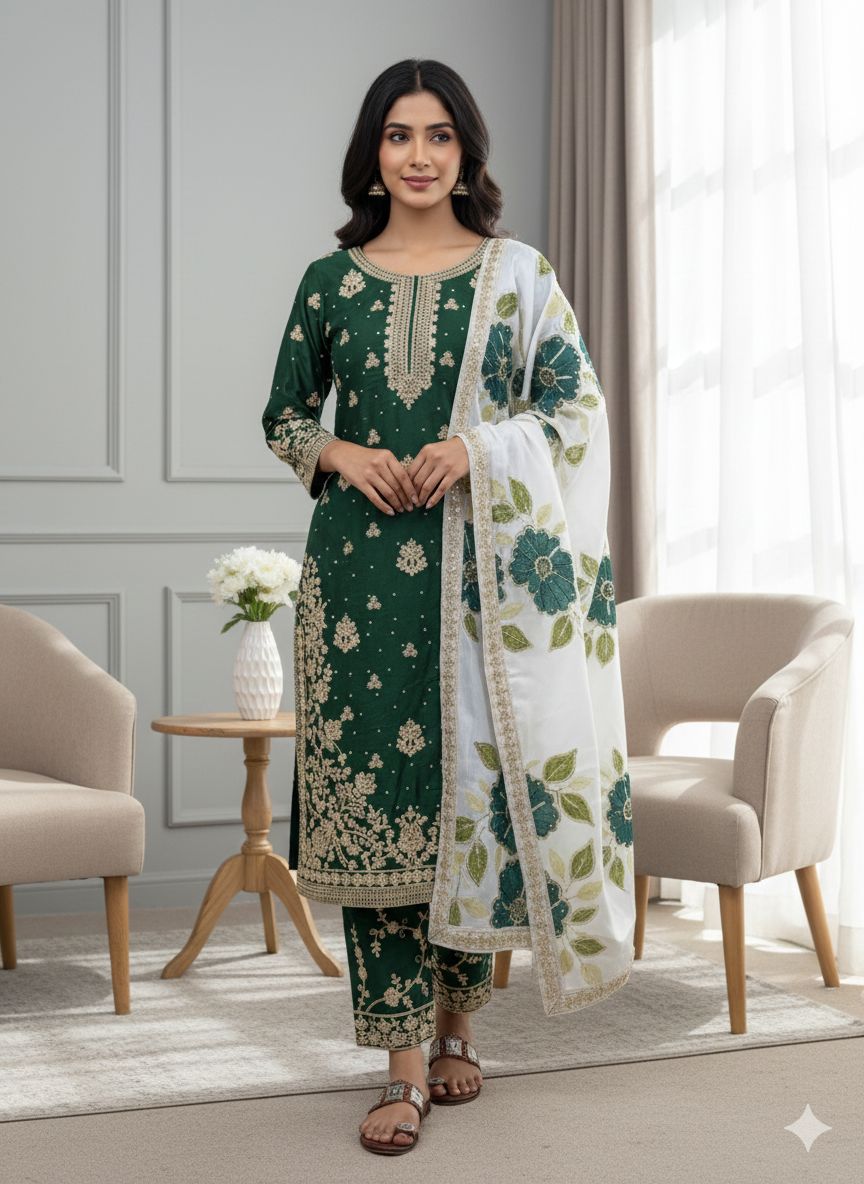 Green Organza Silk Lace Embroidery Work Salwar Suit