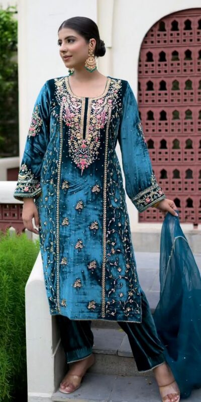 Blue Viscose Velvet Embroidery Work Salwar Suit