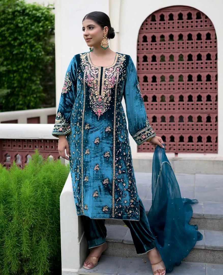 Blue Viscose Velvet Embroidery Work Salwar Suit