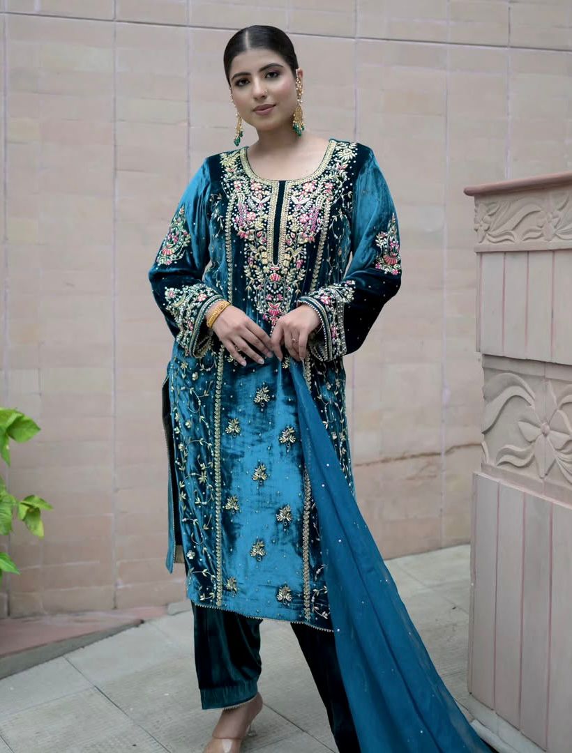 Blue Viscose Velvet Embroidery Work Salwar Suit - Image 2