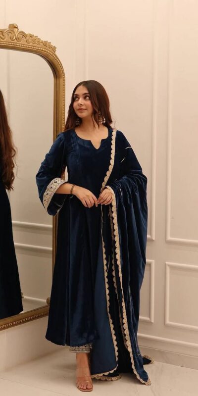 Navy Blue Viscous Velvet Embroidery Work Gown