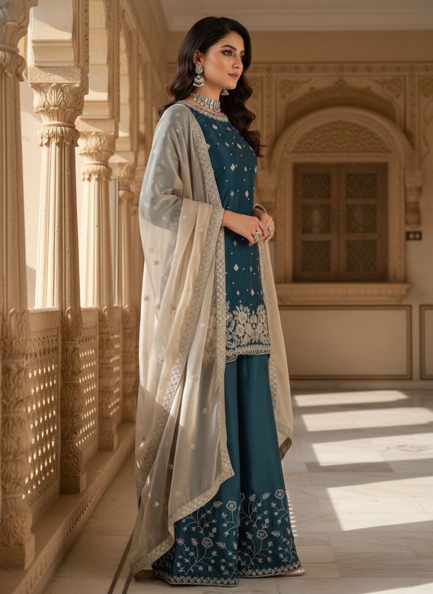 Peacock Blue Organza Silk Sequence Work Salwar Suit - Image 2
