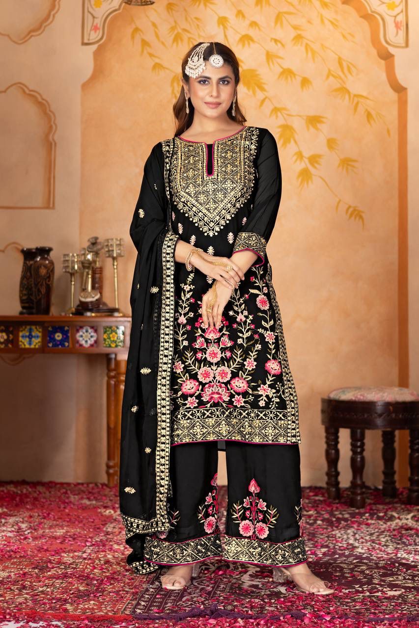 Black Faux Georgette With Embroidery Work Salwar Suit