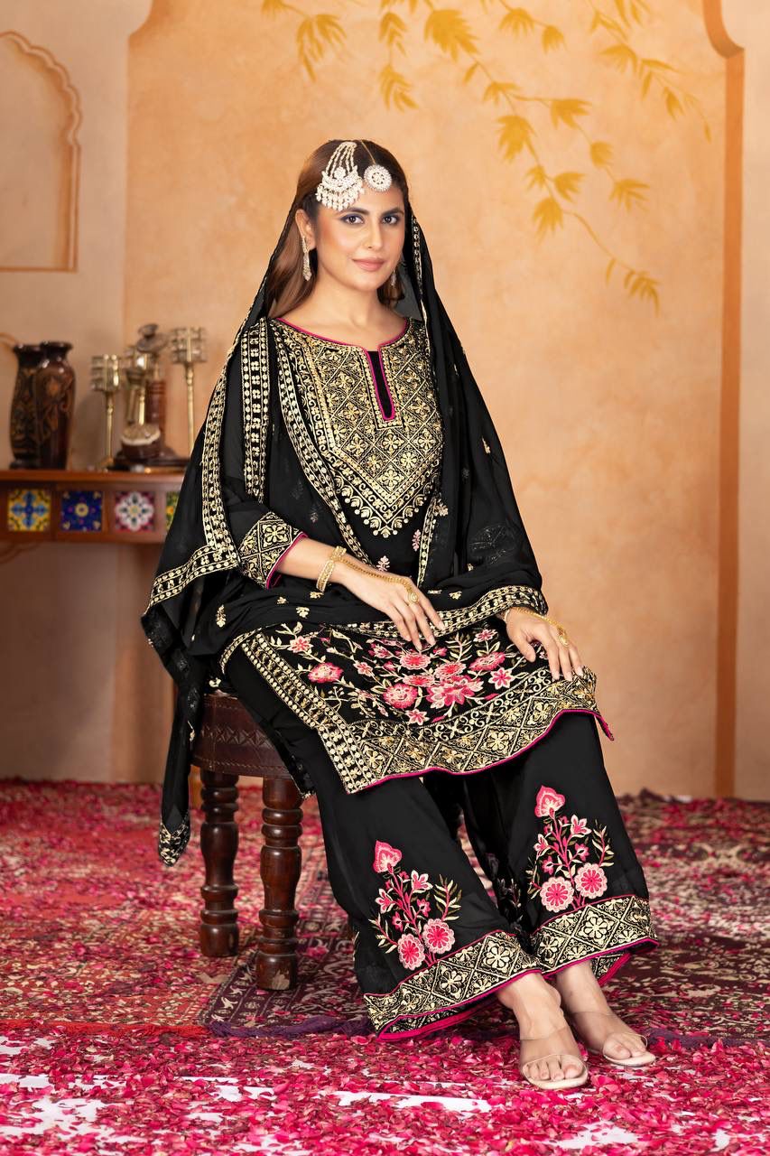 Black Faux Georgette With Embroidery Work Salwar Suit - Image 4
