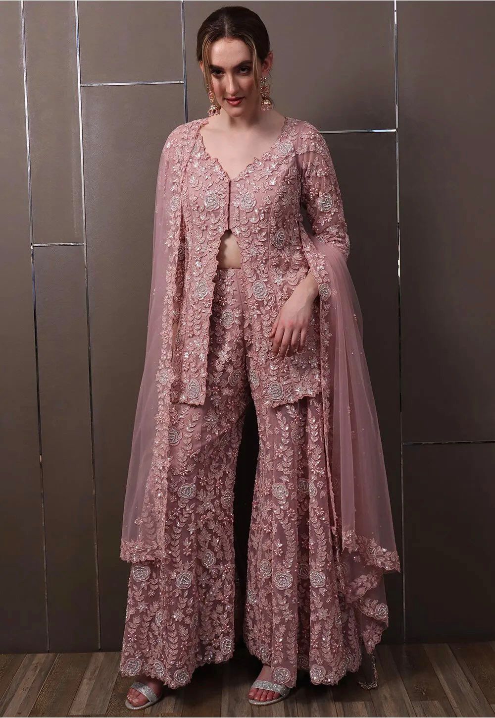 Light Pink Faux Georgette Lace Work Salwar Suit - Image 3