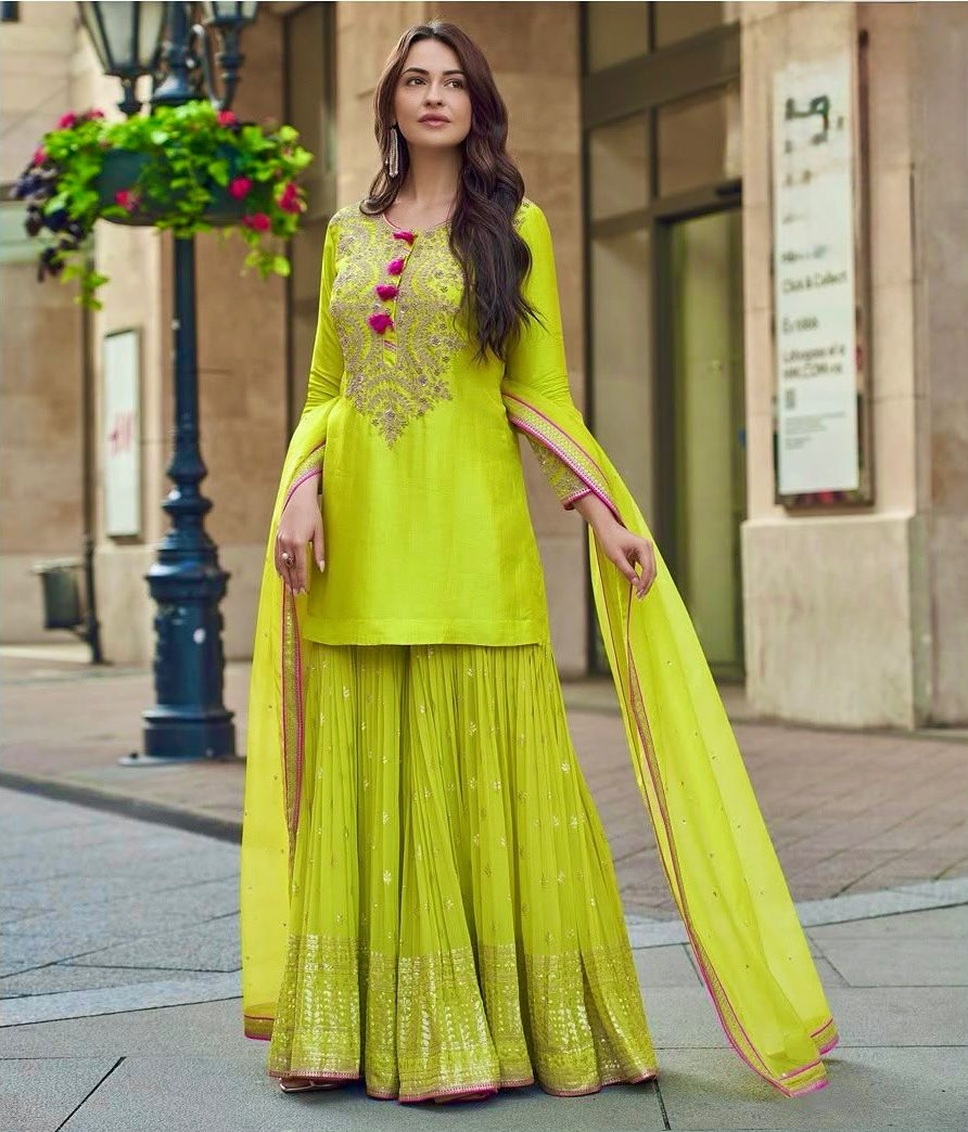 Lime Yellow Faux Georgette Embroidery Work Salwar Suit - Image 2