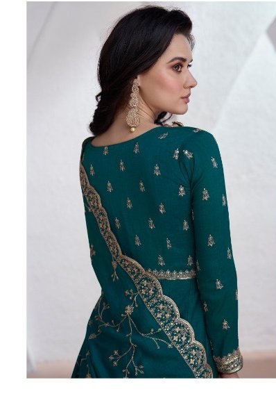 Teal Vichitra Embroidery Lace Work Salwar Suit - Image 3