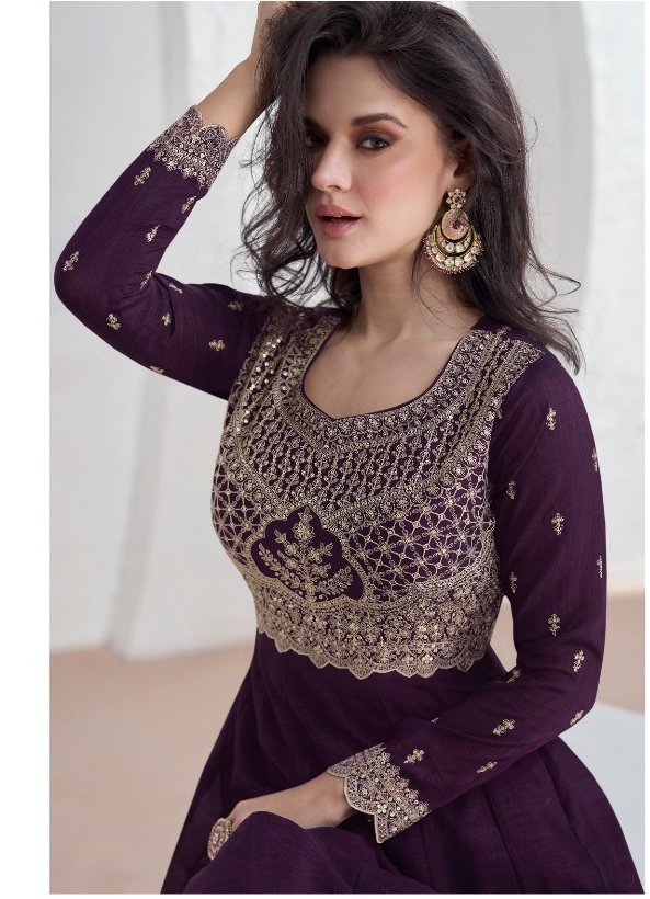 Wine Vichitra Embroidery Lace Work Salwar Suit - Image 4