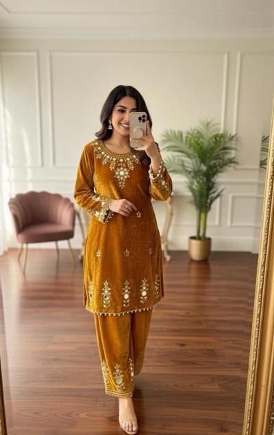 Mustered Velvet Embroidery Mirror Work Salwar Suit