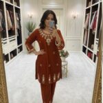 Rust Velvet Embroidery Mirror Work Salwar Suit