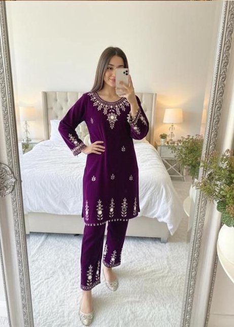 Purple Velvet Embroidery Mirror Work Salwar Suit