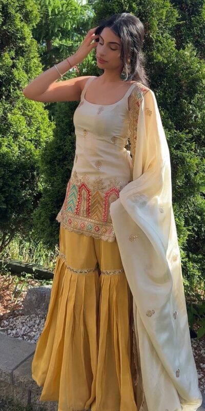 Off White Chinnon Silk Lace Work Salwar Suit