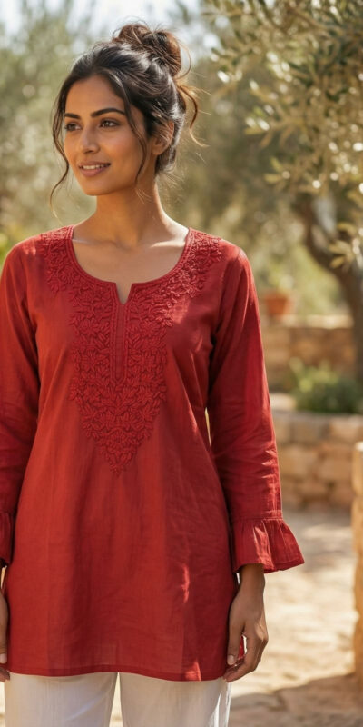 Red Rayon Chikan Work Kurti