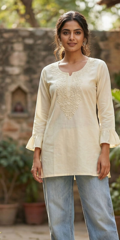 Off White Rayon Chikan Work Kurti