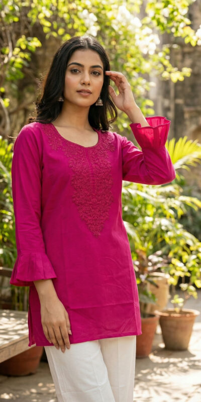 Pink Rayon Chikan Work Kurti