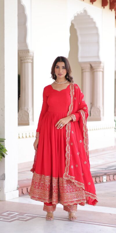 Red Vichitra Silk Embroidery Sequins Work Gown