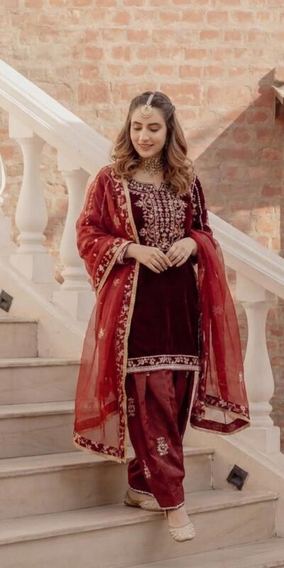 Maroon Organza Embroidery Work Salwar Suit