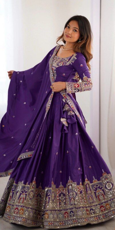 Purple Chinon Silk Embroidery Work Lehenga Choli