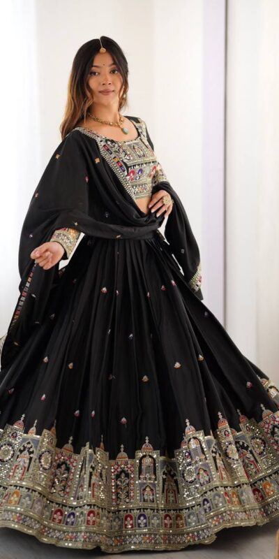 Black Chinon Silk Embroidery Work Lehenga Choli