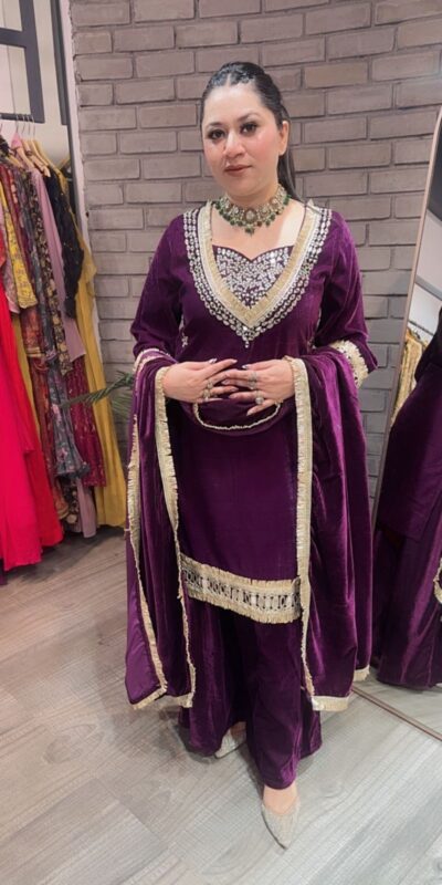 Purple Velvet Mirror Embroidery Work Salwar Suit