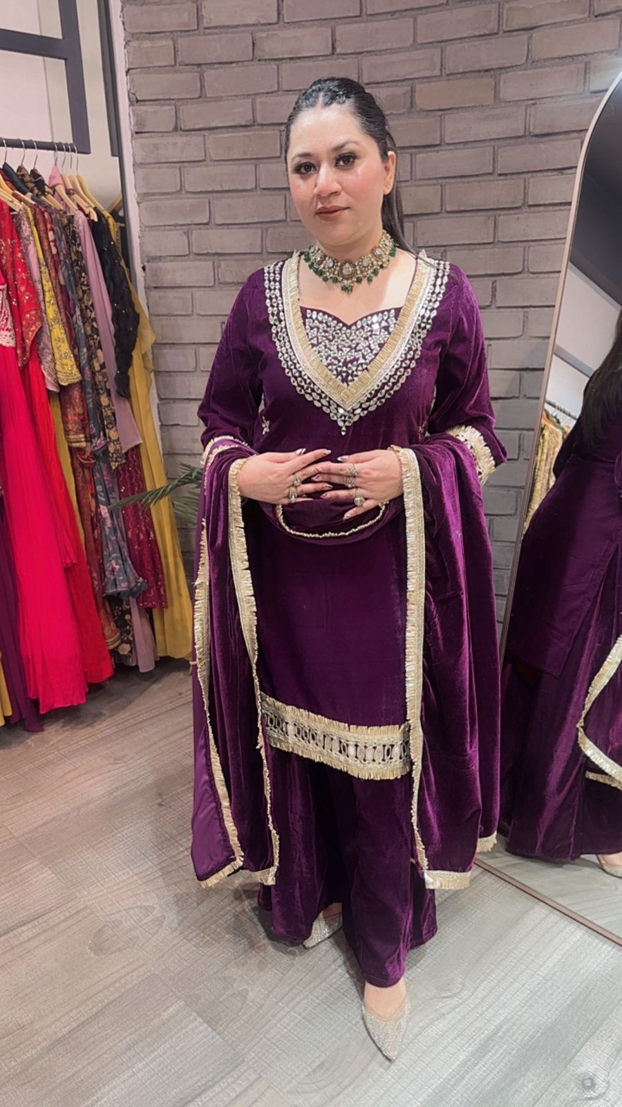 Purple Velvet Mirror Embroidery Work Salwar Suit