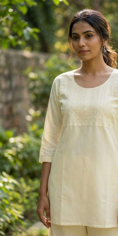 Off White Rayon Thread Work Kurti