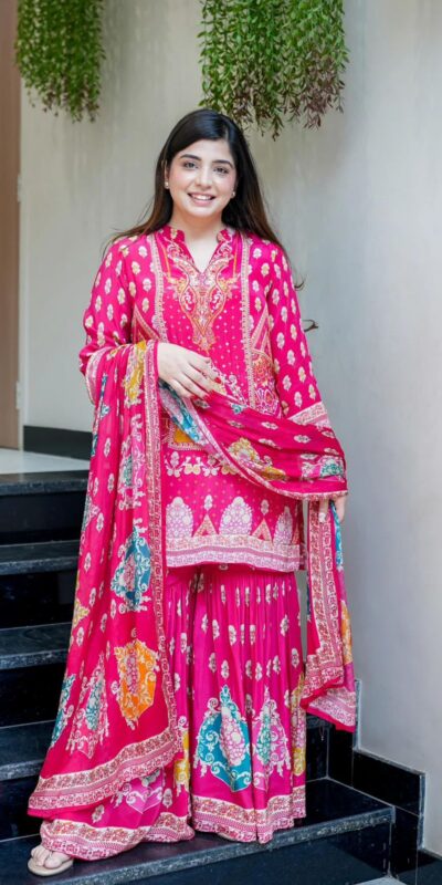 Pink French Crape Mirror Work Salwar Suit