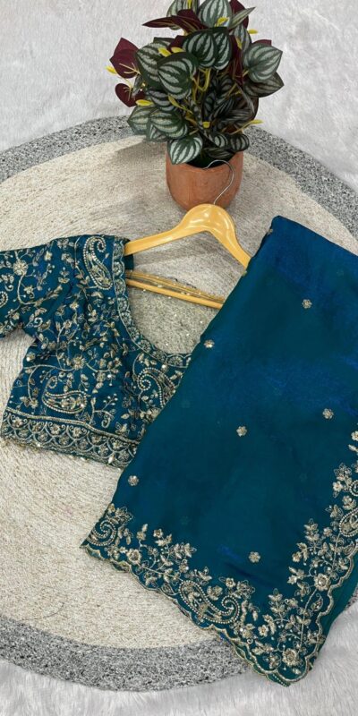 Blue Fandy Satin Silk With Sequins Work Saree