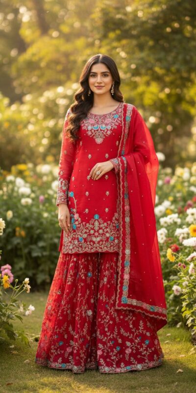 Red Organza Silk Sequence Moti Work Salwar Suit