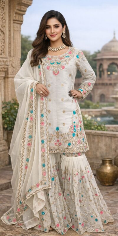 White Organza Silk Sequence Moti Work Salwar Suit