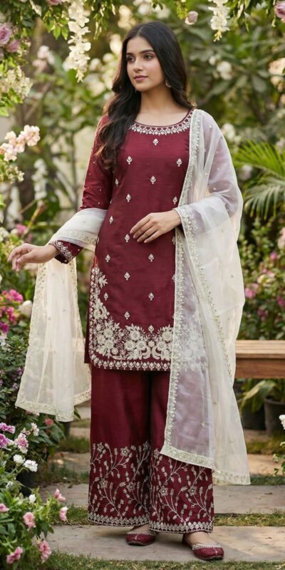 Maroon Organza Silk Lace Embroidery Work Salwar Suit
