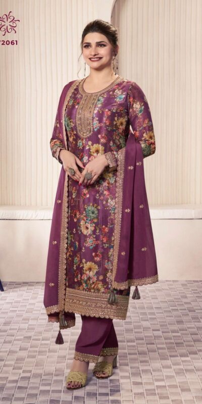 Wine Vichitra Digital Print Embroidery Work Salwar Suit