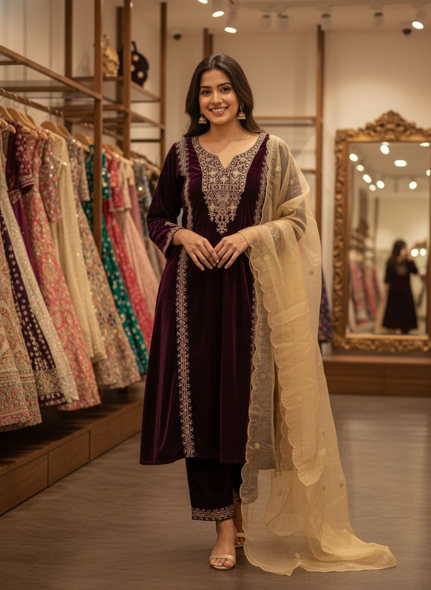 Wine 9000 Velvet Cut Work Embroidery Salwar Suit - Image 3