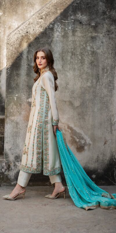 White Organza Silk Embroidery Lace Work Salwar Suit