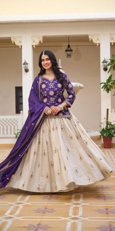 Dark Purple Pure Chinon Embroidery Work Lehenga Choli