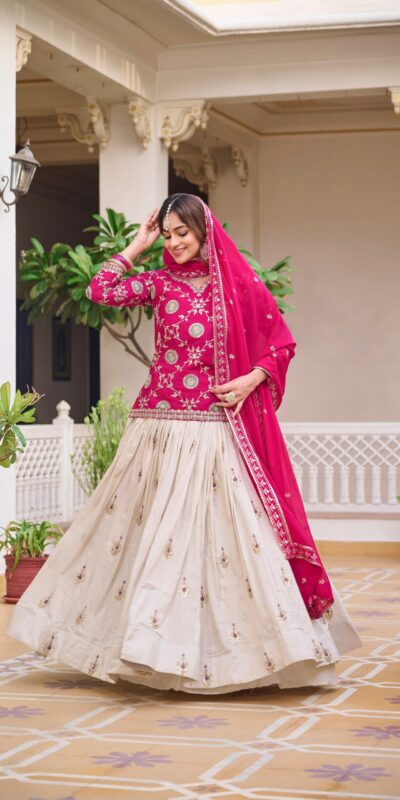 Pink Pure Chinon Embroidery Work Lehenga Choli