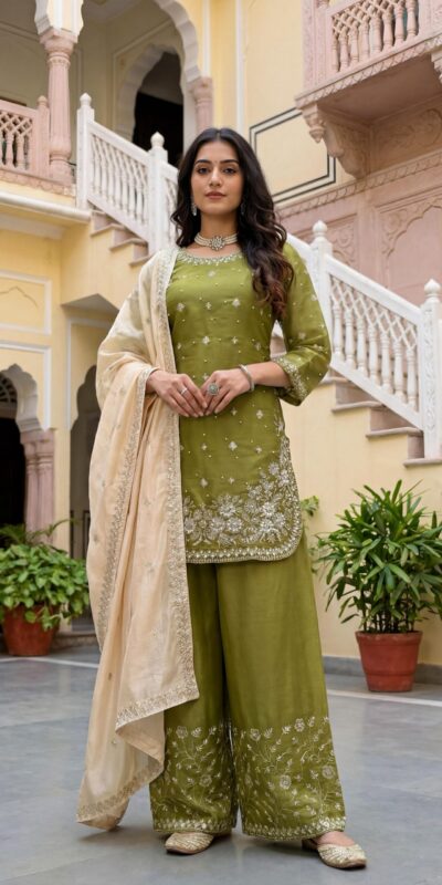 Mahendi Organza Silk Thread Work Salwar Suit