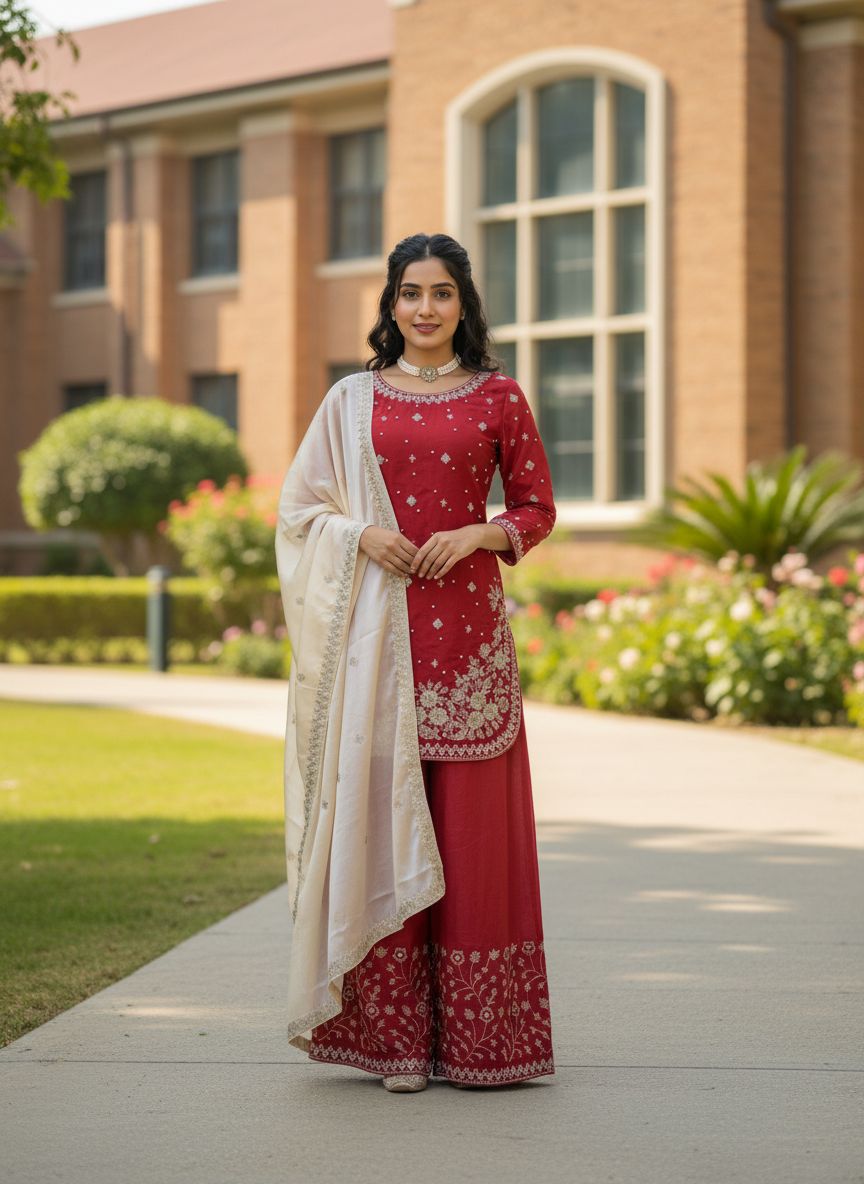 Red Organza Silk Thread Work Salwar Suit