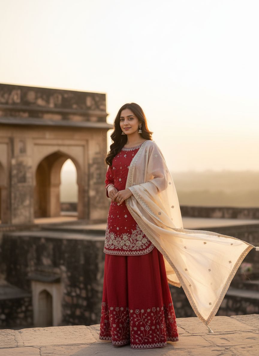 Red Organza Silk Thread Work Salwar Suit - Image 2