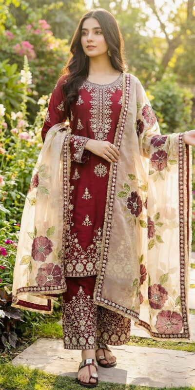 Maroon Organza Silk Lace Sequence Work Salwar Suit