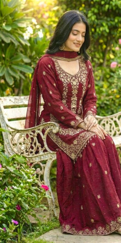 Maroon Organza Silk Sequence Work Salwar Suit