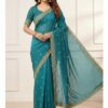 Teal Star Georgette Embroidery Work Saree