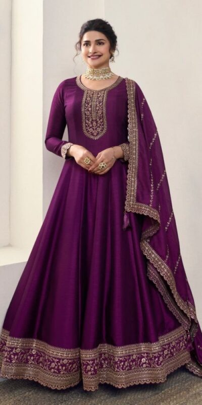 Wine Silk Georgette Embroidery Work Salwar Suit