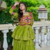 Parrot Green Pure Cotton Mirror Gamthi Work Lehenga Choli