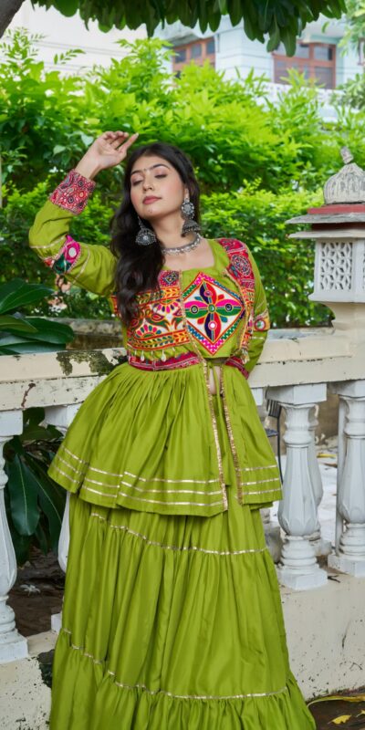 Parrot Green Pure Cotton Mirror Gamthi Work Lehenga Choli