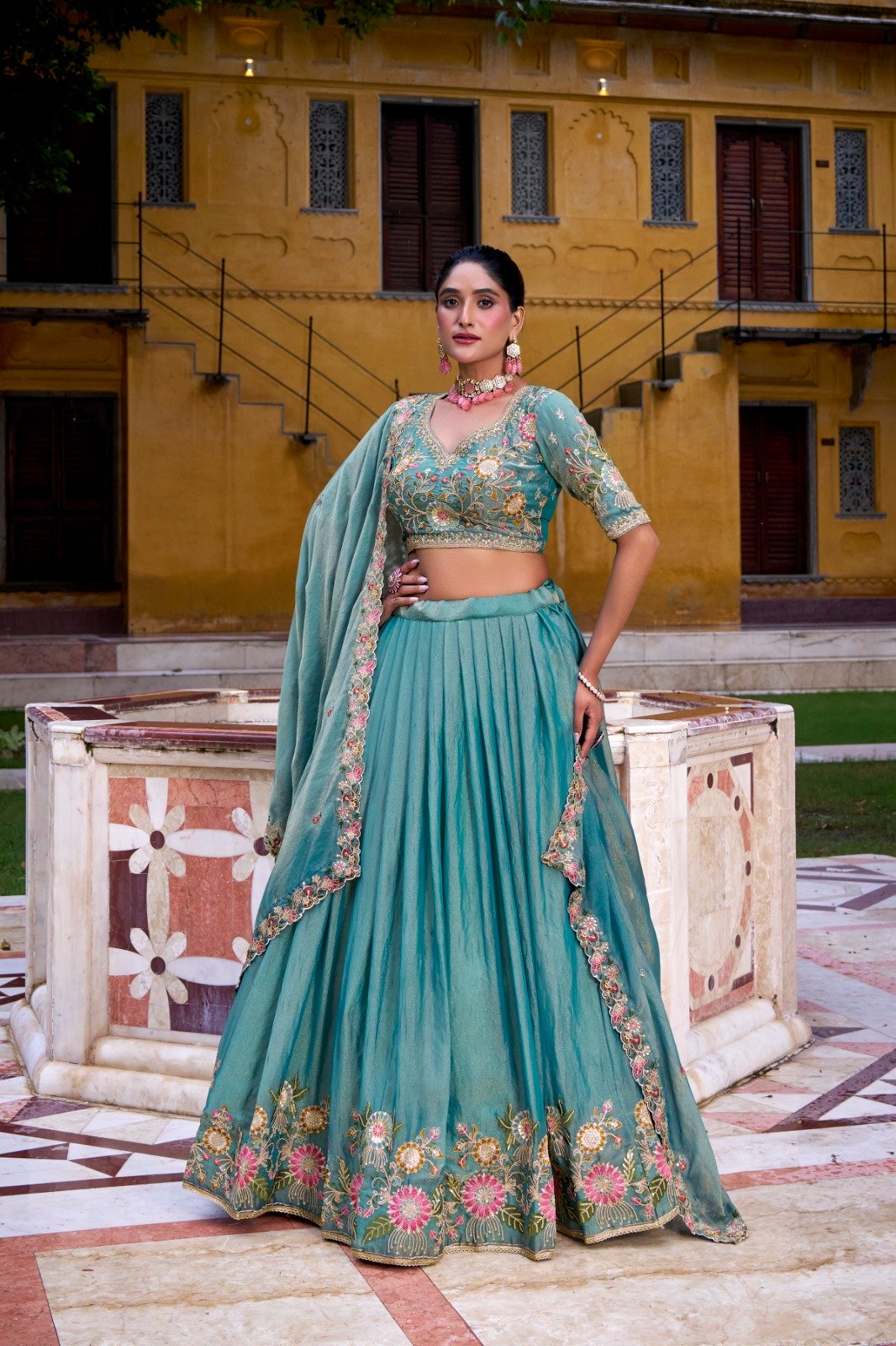 Sky Blue Shimmer Sequins Thread Work Lehenga Choli