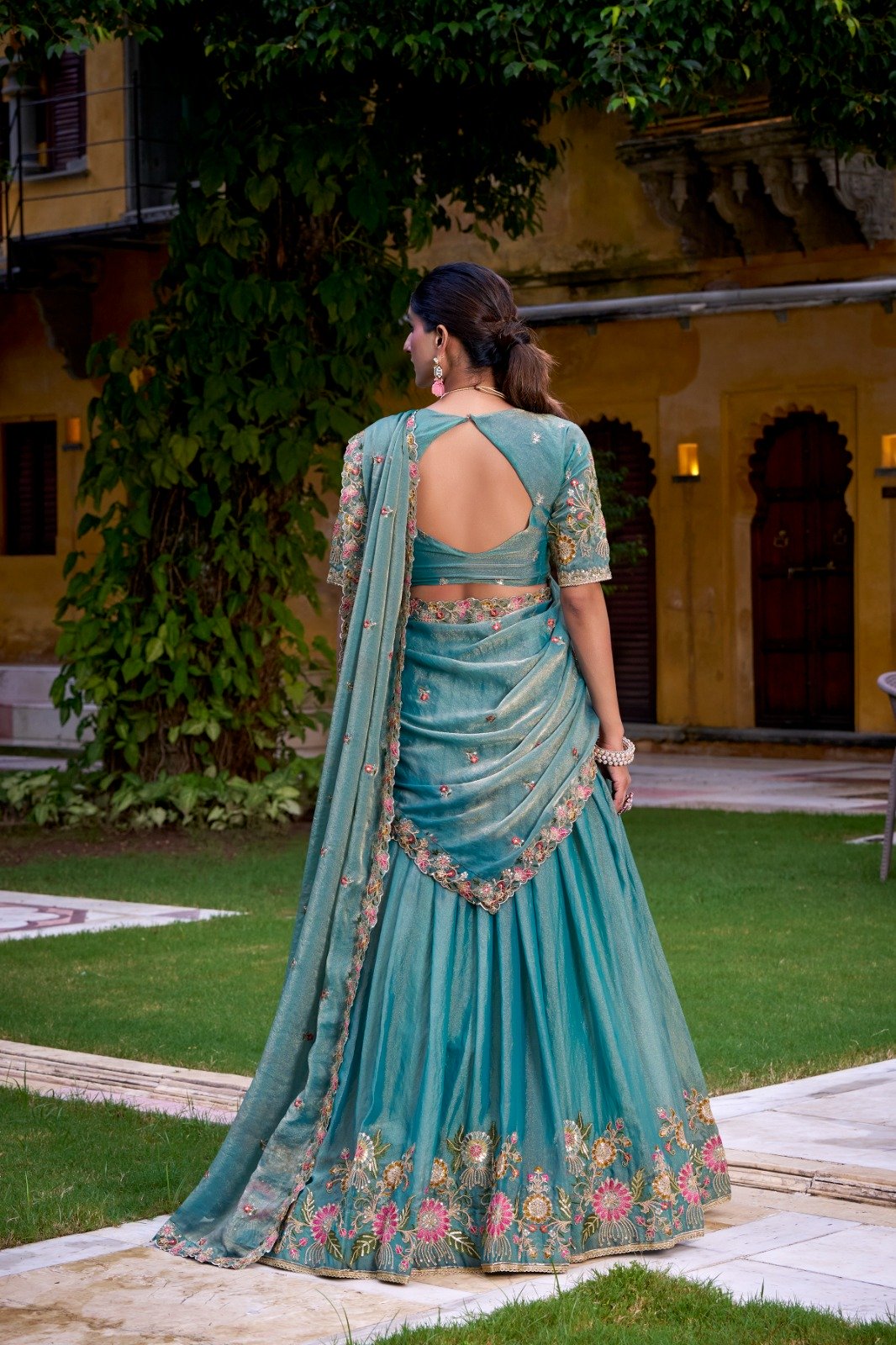Sky Blue Shimmer Sequins Thread Work Lehenga Choli - Image 4