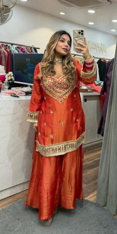 Red Cosmos Embroidery Mirror Work Salwar Suit