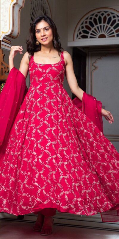 Red Faux Georgette Lace Work Anarkali Suit