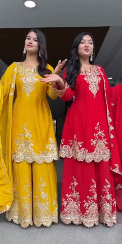 Red Faux Georgette Thread Work Salwar Suit